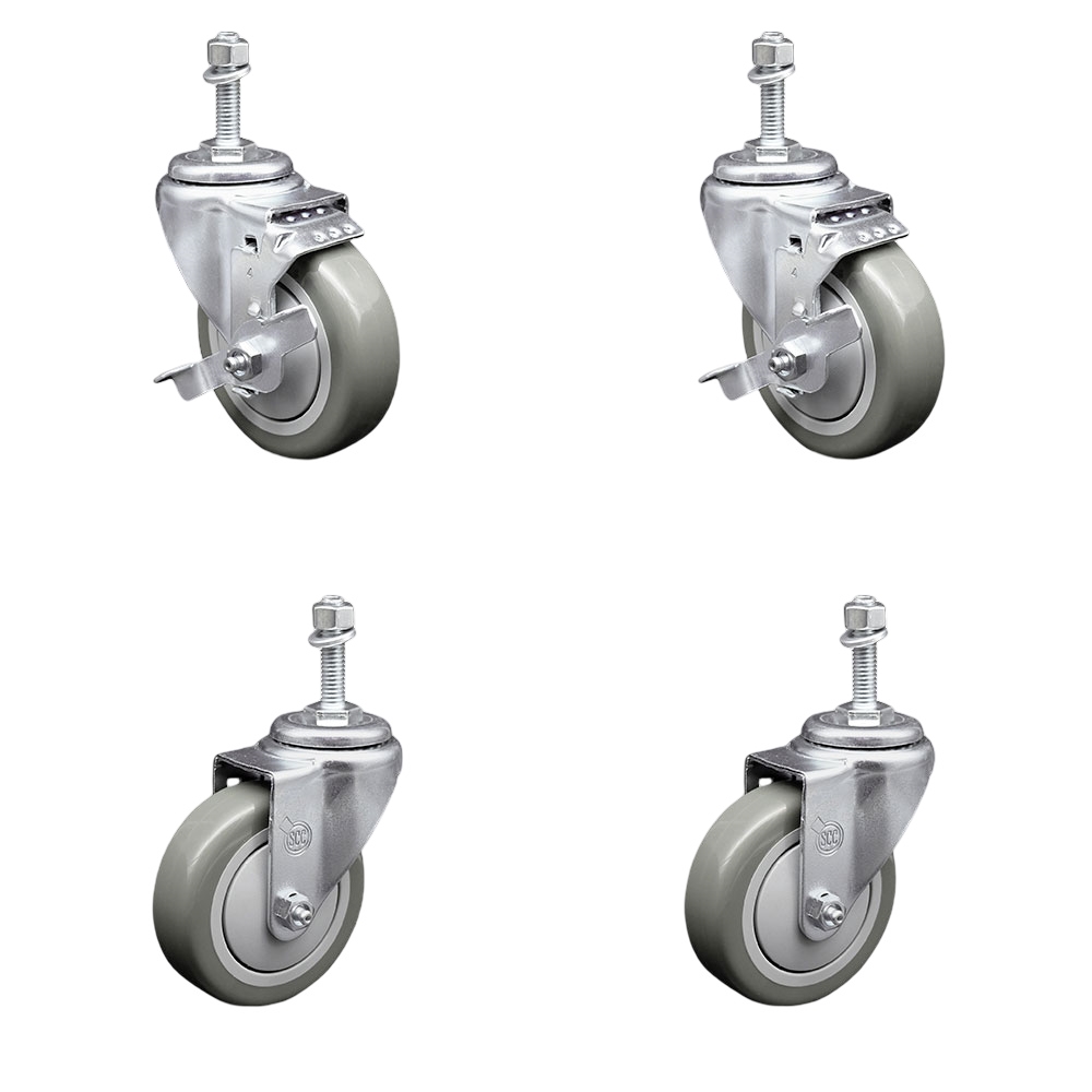 Polyurethane Swivel Threaded Stem Caster Set of 4 w/4" x 1.25" Gray Wheels and 10mm Stems - Includes 2 with Top Locking Brake - 1400 lbs Total Capacity - Service Caster Brand — photo 1