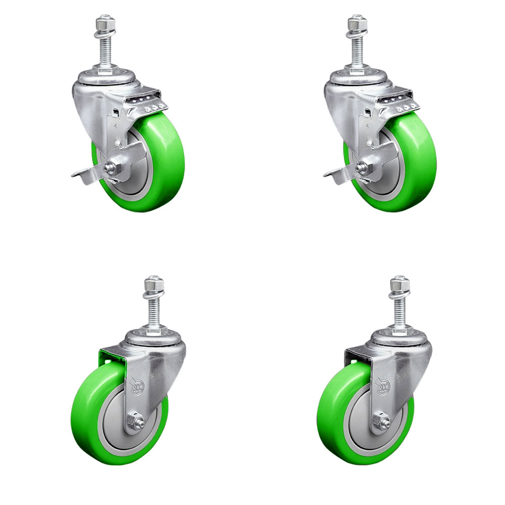 Polyurethane Swivel Threaded Stem Caster Set of 4 w/4" x 1.25" Green Wheels and 10mm Stems - Includes 2 with Top Locking Brake - 1400 lbs Total Capacity - Service Caster Brand — photo 1