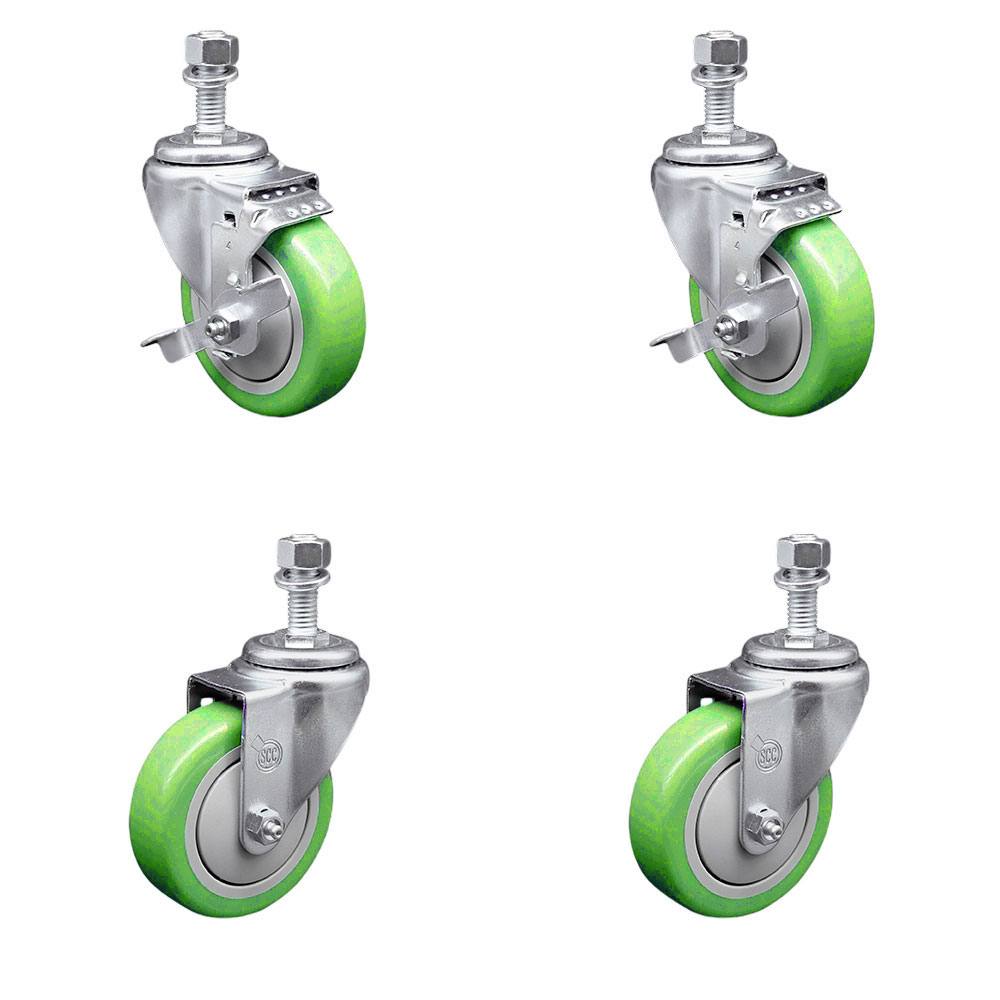 Polyurethane Swivel Threaded Stem Caster Set of 4 w/4" x 1.25" Green Wheels and 12mm Stems - Includes 2 with Top Locking Brake - 1400 lbs Total Capacity - Service Caster Brand — photo 1