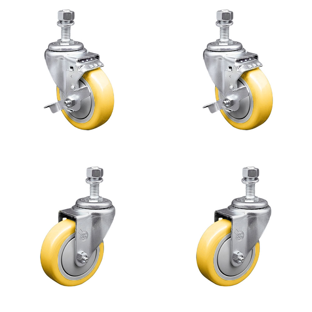 Stainless Steel Polyurethane Swivel Threaded Stem Caster Set of 4 w/4" x 1.25" Yellow Wheels and 12mm Stems - Includes 2 with Top Locking Brake - 1400 lbs Total Capacity - Service Caster Brand — photo 1