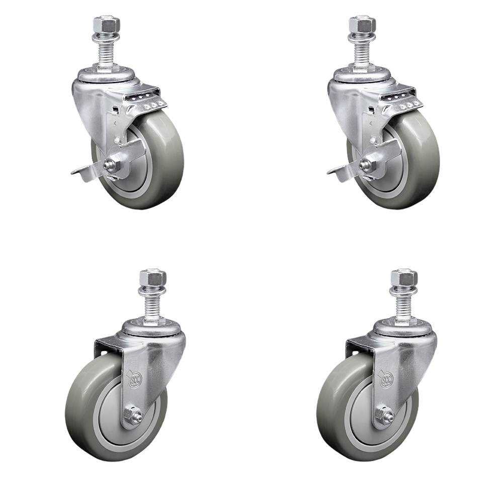 Polyurethane Swivel Threaded Stem Caster Set of 4 w/4" x 1.25" Gray Wheels and 12mm Stems - Includes 2 with Top Locking Brake - 1400 lbs Total Capacity - Service Caster Brand — photo 1