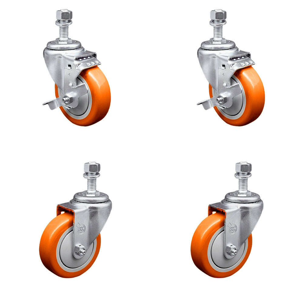 Polyurethane Swivel Threaded Stem Caster Set of 4 w/4" x 1.25" Orange Wheels and 12mm Stems - Includes 2 with Top Locking Brake - 1400 lbs Total Capacity - Service Caster Brand — photo 1