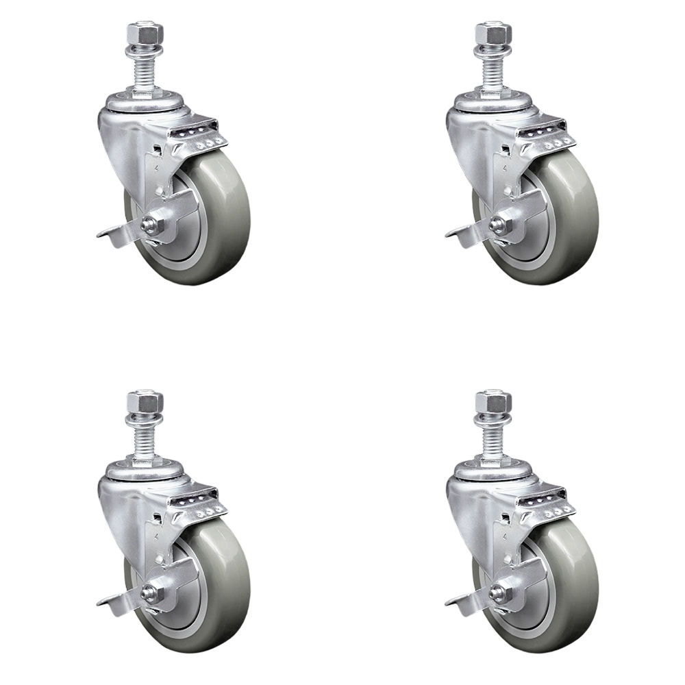 Polyurethane Swivel Threaded Stem Caster Set of 4 w/4" x 1.25" Gray Wheels and 12mm Stems - Includes 4 with Top Lock Brakes - 1400 lbs Total Capacity - Service Caster Brand — photo 1