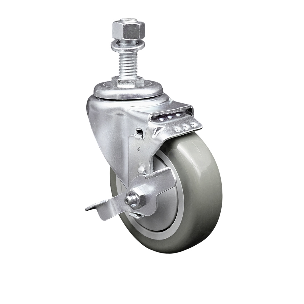 4" Swivel Caster with 12mm Threaded Stem, Gray Polyurethane Wheel and Brake - 350 lbs. Capacity - Service Caster Brand — photo 1