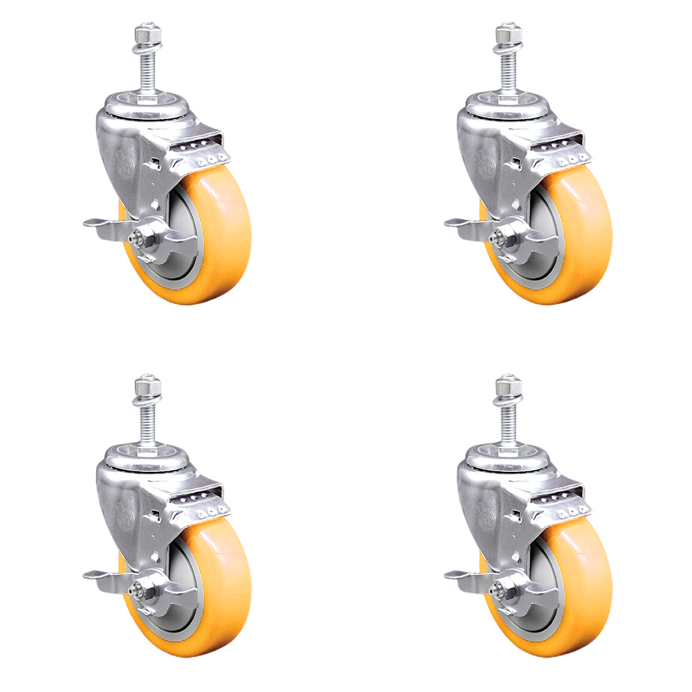 Polyurethane Swivel Threaded Stem Caster Set of 4 w/4" x 1.25" Yellow Wheels and 3/8" Stems - Includes 4 with Top Lock Brakes - 1400 lbs Total Capacity - Service Caster Brand — photo 1