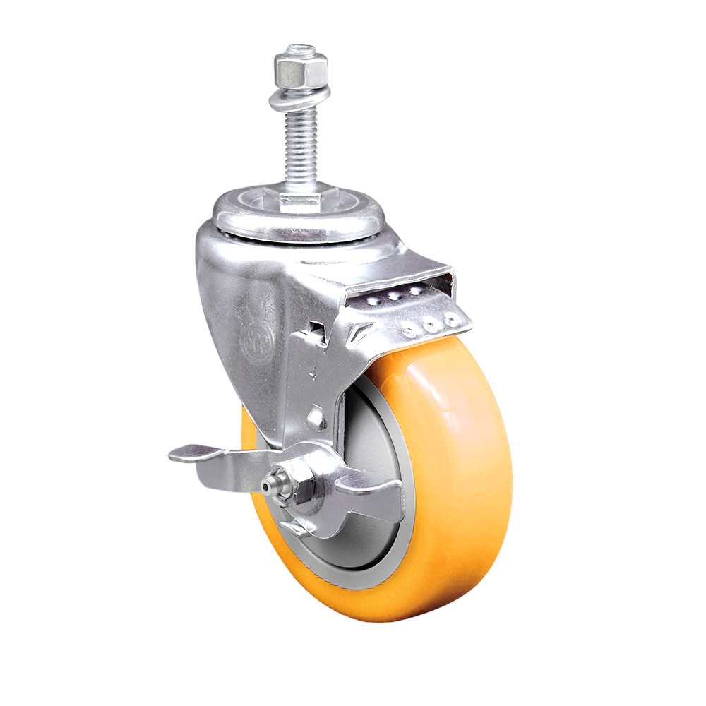 Polyurethane Swivel Stem Caster with 4 Inch Yellow Caster Wheel and Top Lock Brake - 3/8" Threaded Stem - 316 Stainless Steel Caster - 350 lbs. Capacity Per Caster - Service Caster Brand — photo 1