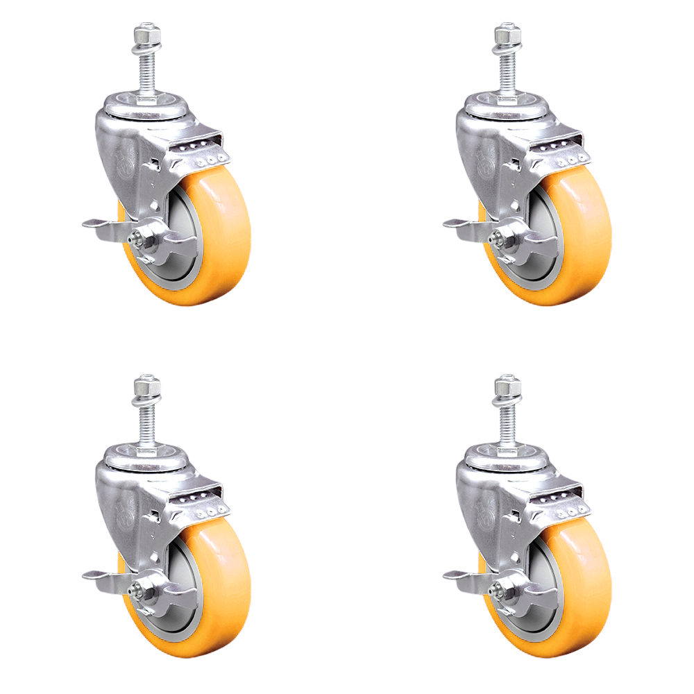 Polyurethane Swivel Stem Caster Set of 4 with 4 Inch Yellow Caster Wheels - 10mm Metric Threaded Stems - 316 Stainless Steel Casters-Includes 4 Swivel Casters with Top Lock Brakes-Service Caster Brand — photo 1