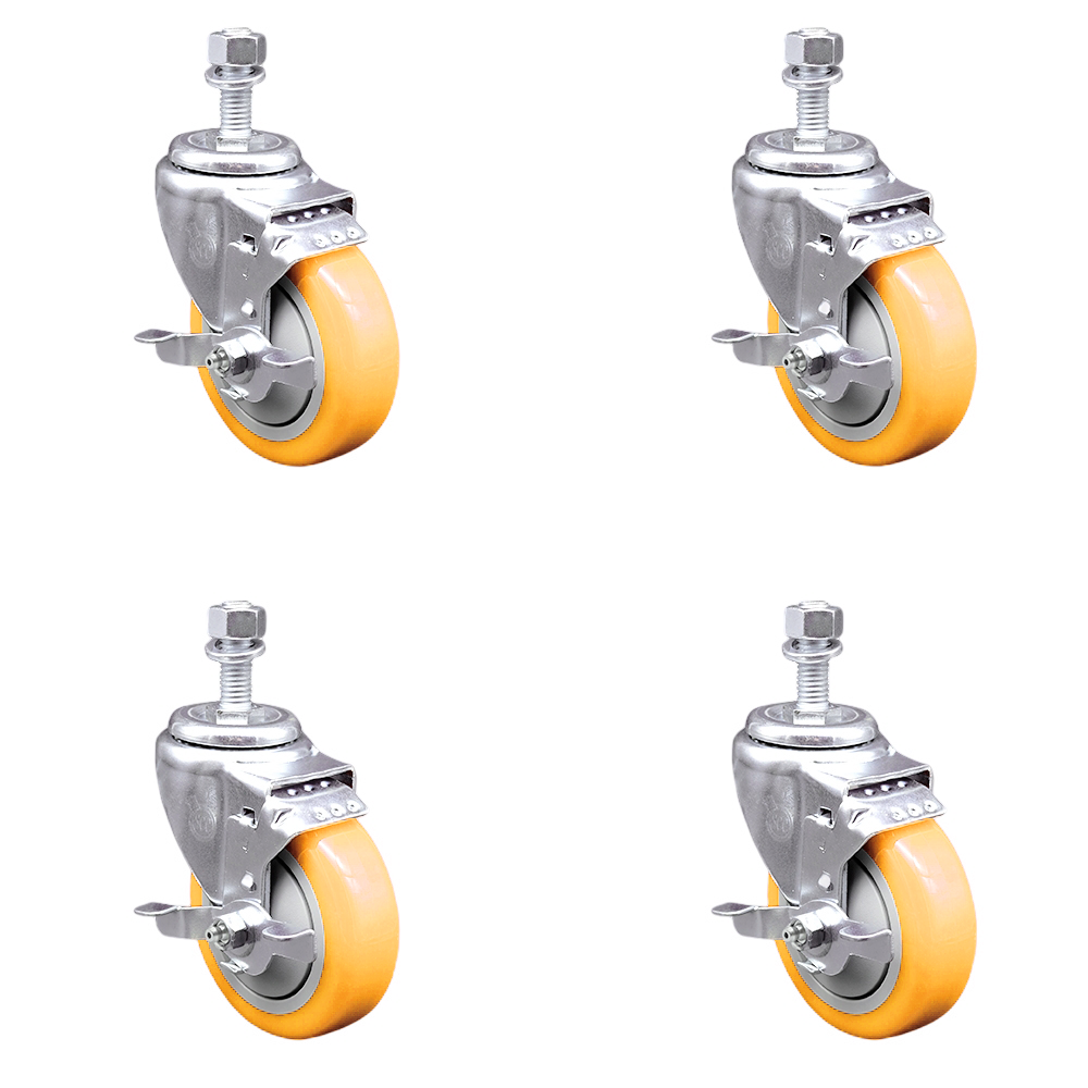 Polyurethane Swivel Stem Caster Set of 4 with 4 Inch Yellow Caster Wheels - 12mm Metric Threaded Stems - 316 Stainless Steel Casters-Includes 4 Swivel Casters with Top Lock Brakes-Service Caster Brand — photo 1