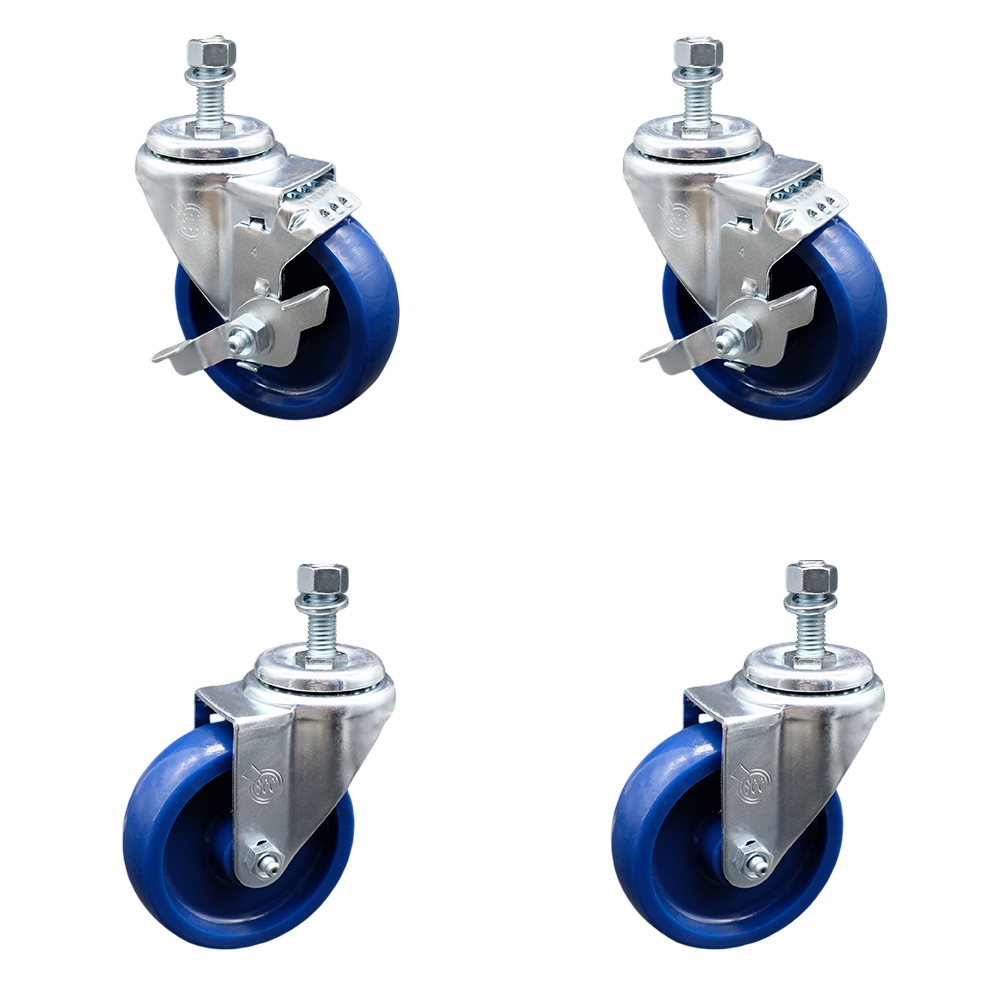 Solid Polyurethane Swivel Threaded Stem Caster Set of 4 w/4" x 1.25" Blue Wheels and 1/2" Stems - Includes 2 with Top Locking Brake - 1200 lbs Total Capacity - Service Caster Brand — photo 1
