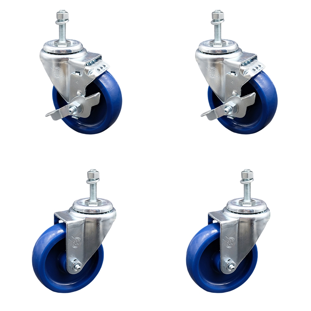 Solid Polyurethane Swivel Threaded Stem Caster Set of 4 w/4" x 1.25" Blue Wheels and 3/8" Stems - Includes 2 with Top Locking Brake - 1200 lbs Total Capacity - Service Caster Brand — photo 1