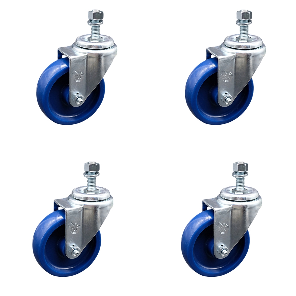 Solid Polyurethane Swivel Threaded Stem Caster Set of 4 w/4" x 1.25" Blue Wheels and 10mm Stems - Includes 4 Swivel - 1200 lbs Total Capacity - Service Caster Brand — photo 1