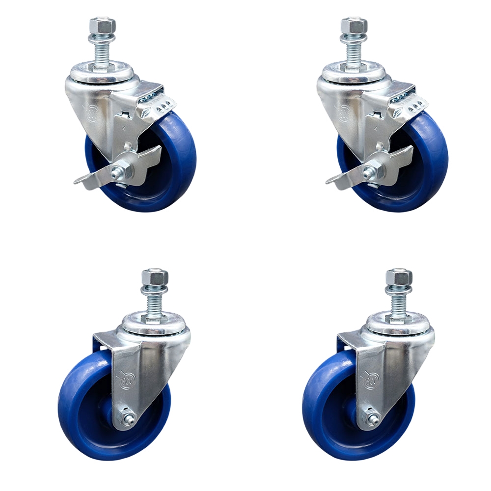 Solid Polyurethane Swivel Threaded Stem Caster Set of 4 w/3.5" x 1.25" Blue Wheels and 12MM Metric Stems - Includes 2 with Top Locking Brake - 1200 lbs Total Capacity - Service Caster Brand — photo 1