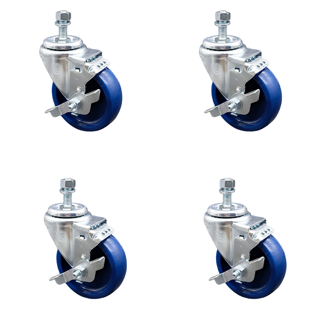 Solid Polyurethane Swivel Threaded Stem Caster Set of 4 w/4" x 1.25" Blue Wheels and 1/2" Stems - Includes 4 with Top Lock Brakes - 1200 lbs Total Capacity - Service Caster Brand — photo 1