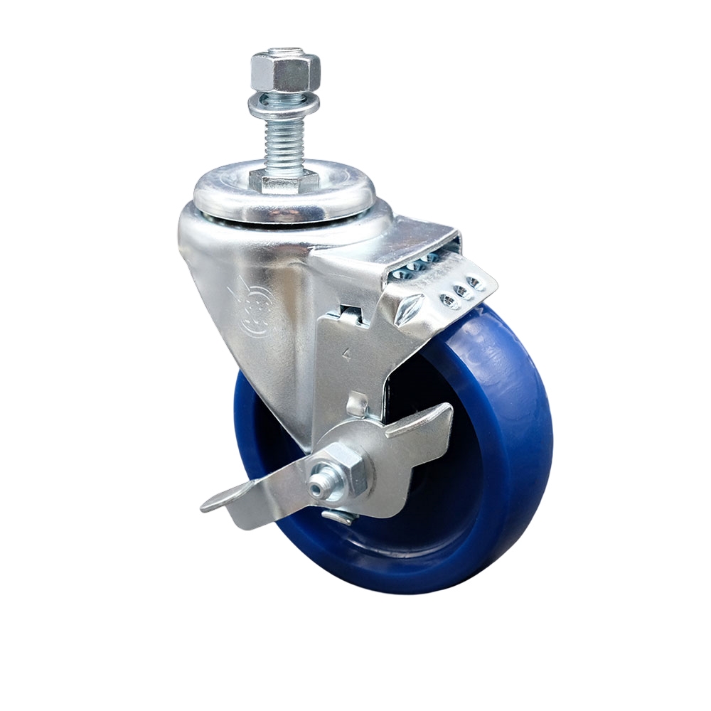 4" Swivel Caster with 1/2" Threaded Stem, Blue Solid Polyurethane Wheel and Brake -300 lbs. Capacity - Service Caster Brand — photo 1