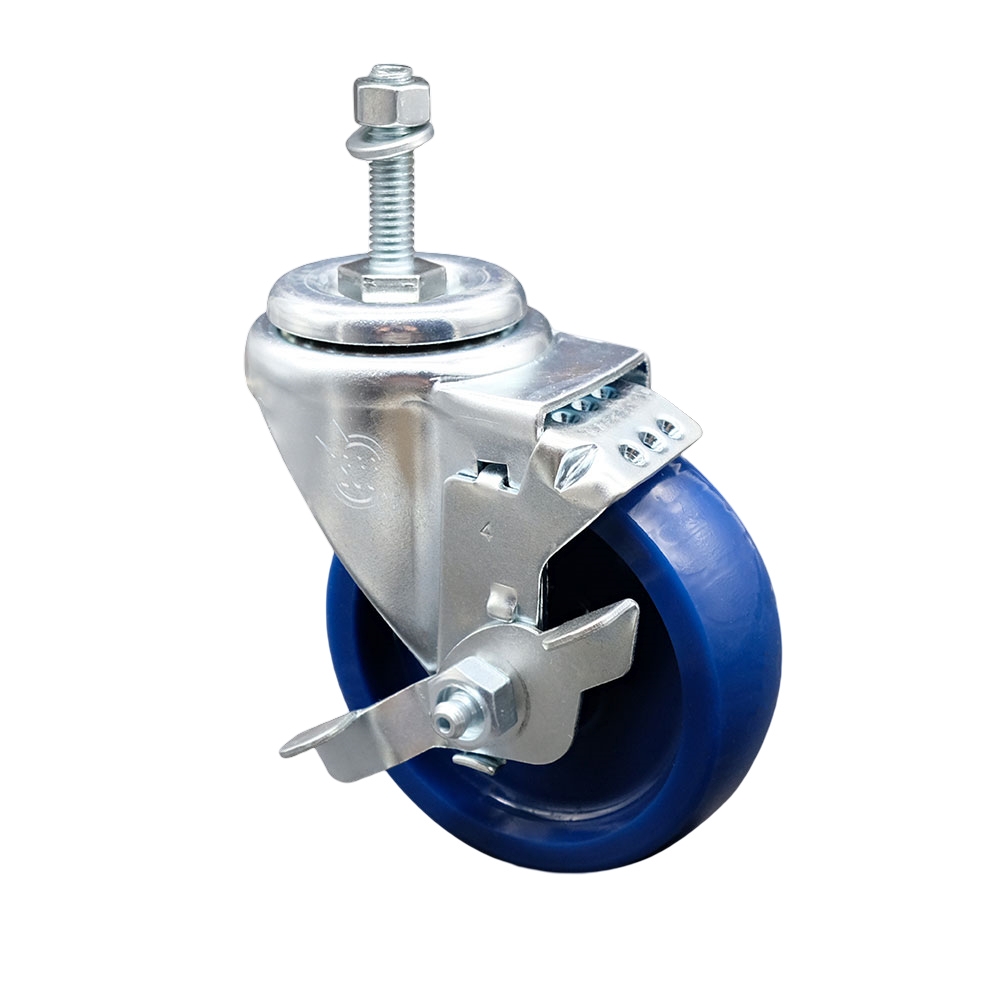 Solid Polyurethane Swivel Threaded Stem Caster w/4" x 1.25" Blue Wheel and 10MM Metric Stem & Top Locking Brake - 300 lbs Capacity/Caster - Service Caster Brand — photo 1
