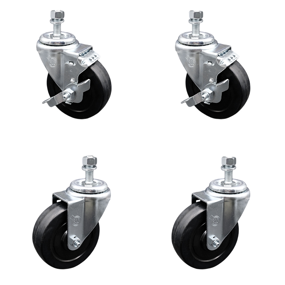 Soft Rubber Swivel Threaded Stem Caster Set of 4 w/4" x 1.25" Black Wheels and 1/2" Stems - Includes 2 with Top Locking Brake - 800 lbs Total Capacity - Service Caster Brand — photo 1