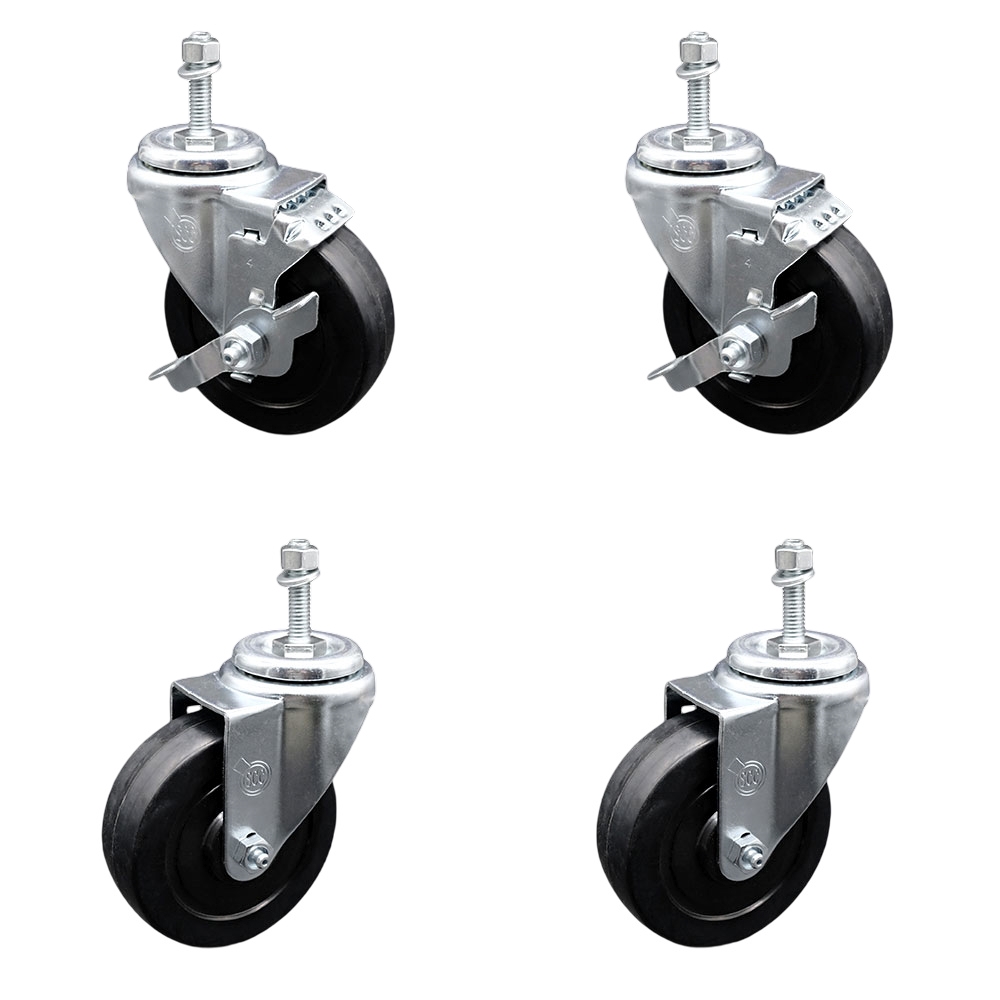 Soft Rubber Swivel Threaded Stem Caster Set of 4 w/4" x 1.25" Black Wheels and 3/8" Stems - Includes 2 with Top Locking Brake - 800 lbs Total Capacity - Service Caster Brand — photo 1