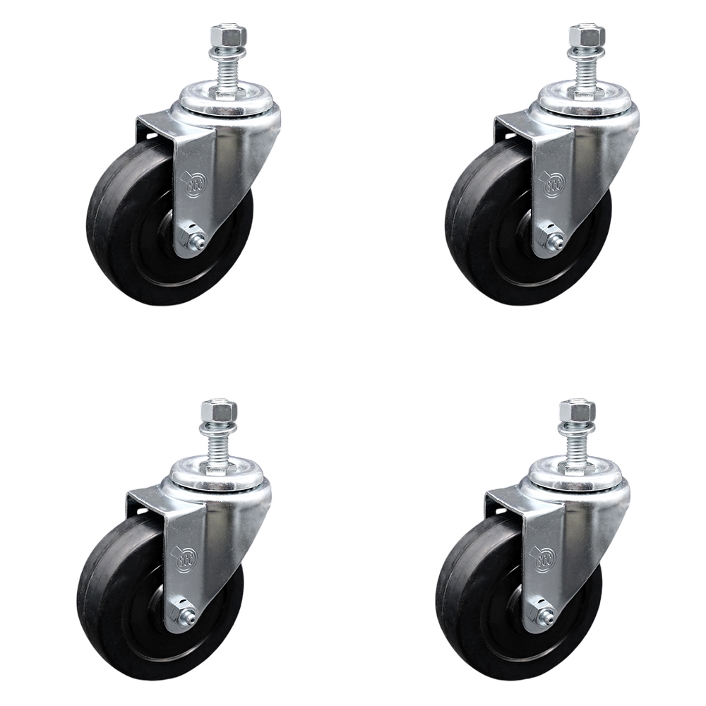 Soft Rubber Swivel Threaded Stem Caster Set of 4 w/4" x 1.25" Black Wheels and 3/8" Stems - Includes 4 Swivel - 800 lbs Total Capacity - Service Caster Brand — photo 1