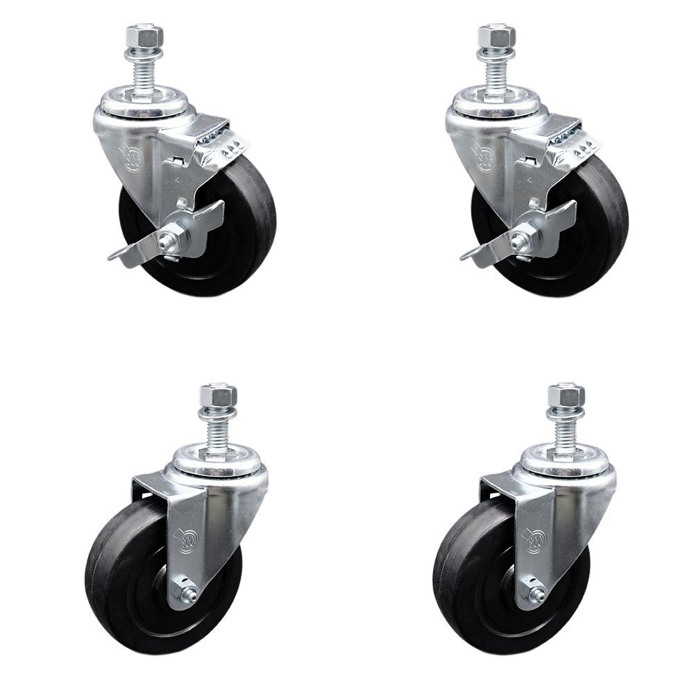 Soft Rubber Swivel Threaded Stem Caster Set of 4 w/4" x 1.25" Black Wheels and 12MM Metric Stems - Includes 2 with Top Locking Brake - 800 lbs Total Capacity - Service Caster Brand — photo 1