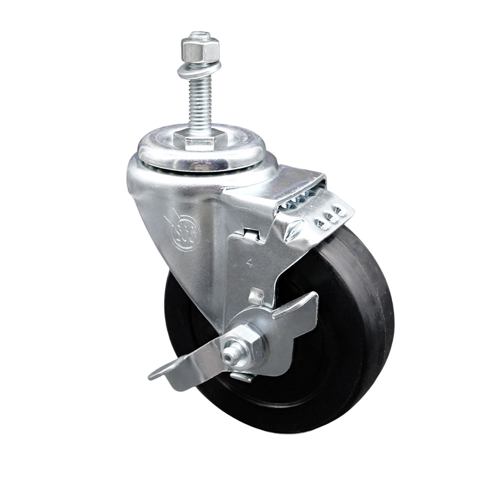 4" Swivel Caster with 3/8" Threaded Stem, Soft Rubber Wheel and Brake - 200 lbs. Capacity - Service Caster Brand — photo 1