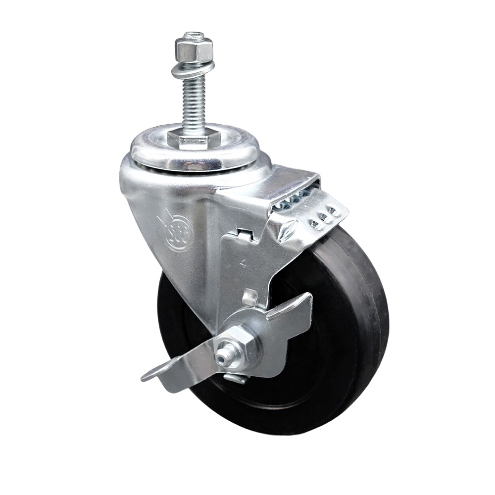 Soft Rubber Swivel Threaded Stem Caster w/4" x 1.25" Black Wheel and 10MM Metric Stem & Top Locking Brake - 200 lbs Capacity/Caster - Service Caster Brand — photo 1