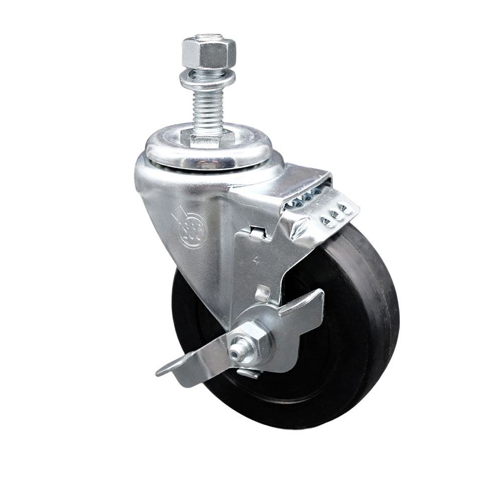 Soft Rubber Swivel Threaded Stem Caster w/4" x 1.25" Black Wheel and 12MM Metric Stem & Top Locking Brake - 200 lbs Capacity/Caster - Service Caster Brand — photo 1