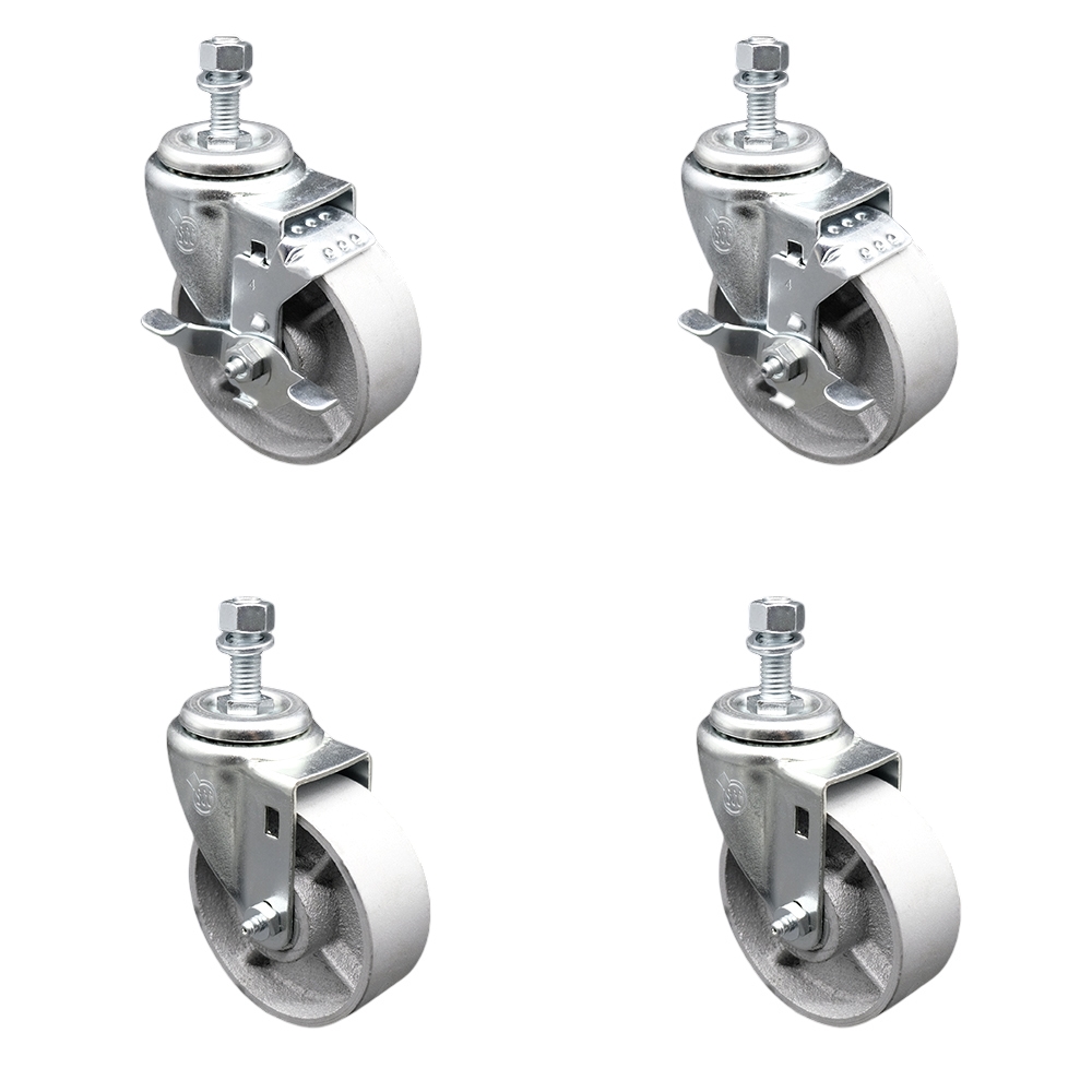 Semi Steel Cast Iron Swivel Threaded Stem Caster Set of 4 - 4" x 1.25" Silver Wheels and 1/2" Stems - Includes 2 with Top Locking Brake - 1200 lbs Total Capacity - Service Caster Brand — photo 1