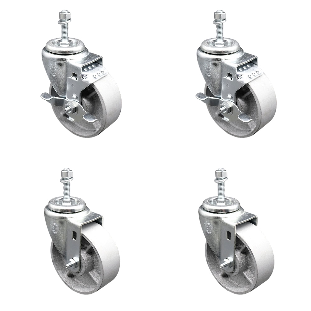 Semi Steel Cast Iron Swivel Threaded Stem Caster Set of 4 - 4" x 1.25" Silver Wheels and 10MM Metric Stems - Includes 2 with Top Locking Brake - 1200 lbs Total Capacity - Service Caster Brand — photo 1