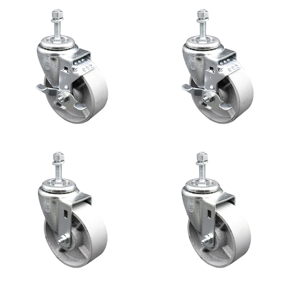 Semi Steel Cast Iron Swivel Threaded Stem Caster Set of 4 - 4" x 1.25" Silver Wheels and 12MM Metric Stems - Includes 2 with Top Locking Brake - 1200 lbs Total Capacity - Service Caster Brand — photo 1