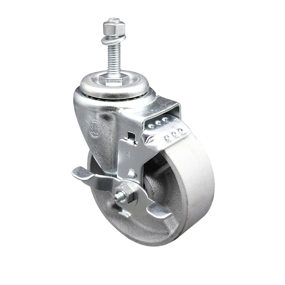Semi Steel Cast Iron Swivel Threaded Stem Caster - 4" x 1.25" Silver Wheel and 3/8" Stem & Top Locking Brake - 300 lbs Capacity/Caster - Service Caster Brand — photo 1