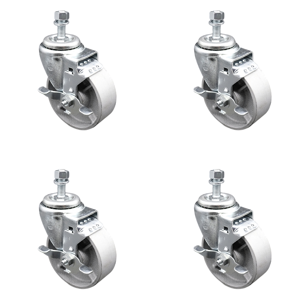 Semi Steel Cast Iron Swivel Threaded Stem Caster Set of 4 w/4" x 1.25" Silver Wheels and 12mm Stems - Includes 4 with Top Lock Brakes - 1200 lbs Total Capacity - Service Caster Brand — photo 1