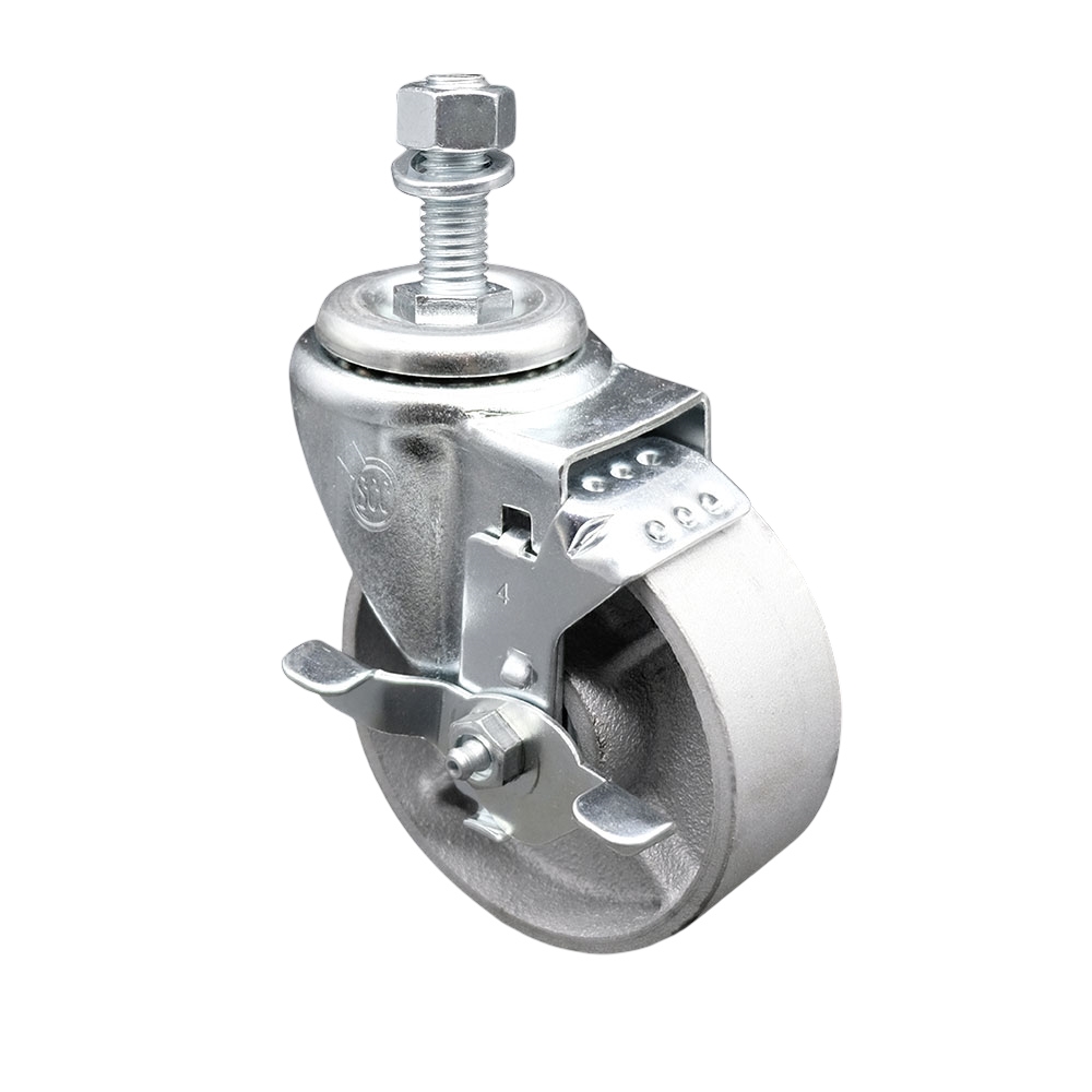 Semi Steel Cast Iron Swivel Threaded Stem Caster - 4" x 1.25" Silver Wheel and 12MM Metric Stem & Top Locking Brake - 300 lbs Capacity/Caster - Service Caster Brand — photo 1