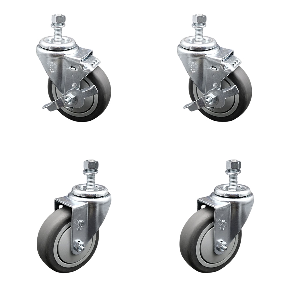 Thermoplastic Rubber Swivel Threaded Stem Caster Set of 4 - 4" x 1.25" Gray Wheels and 1/2" Stems - Includes 2 with Top Locking Brake - 1,000 lbs Total Capacity - Service Caster Brand — photo 1