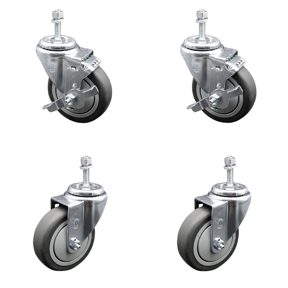 Thermoplastic Rubber Swivel Threaded Stem Caster Set of 4 - 4" x 1.25" Gray Wheels and 3/8" Stems - Includes 2 with Top Locking Brake - 1,000 lbs Total Capacity - Service Caster Brand — photo 1