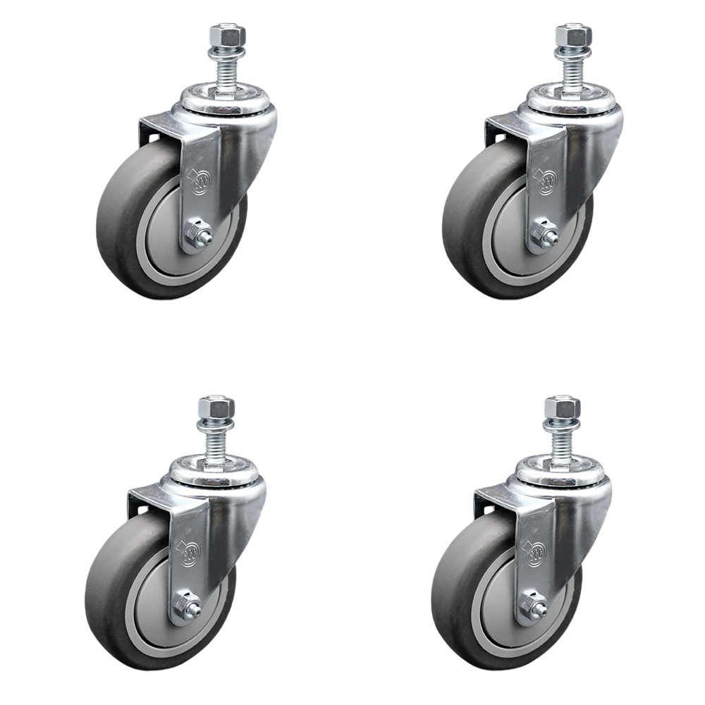 Thermoplastic Rubber Swivel Threaded Stem Caster Set of 4 w/4" x 1.25" Gray Wheels and 3/8" Stems - Includes 4 Swivel - 1000 lbs Total Capacity - Service Caster Brand — photo 1