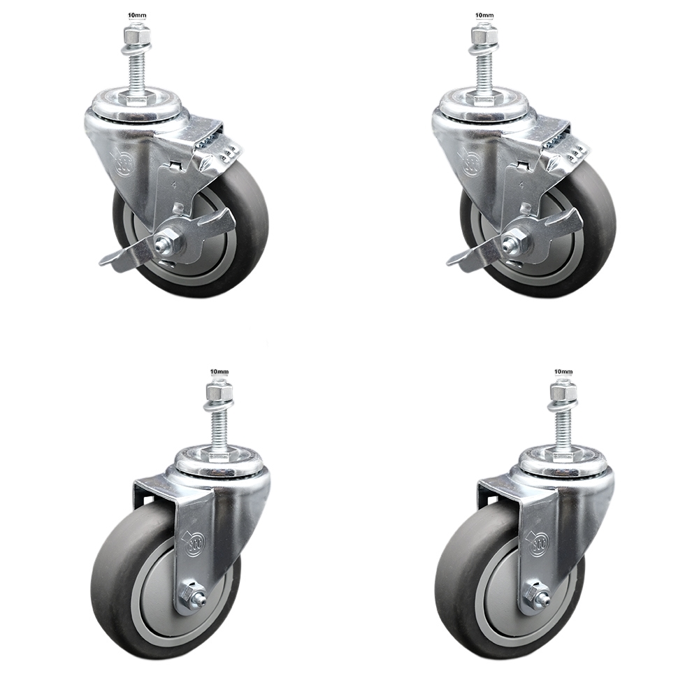 Thermoplastic Rubber Swivel Threaded Stem Caster Set of 4 - 4" x 1.25" Gray Wheels and 10MM Metric Stems - Includes 2 with Top Locking Brake - 1,000 lbs Total Capacity - Service Caster Brand — photo 1