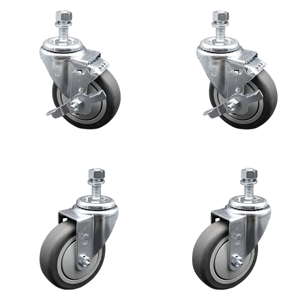 Thermoplastic Rubber Swivel Threaded Stem Caster Set of 4 - 4" x 1.25" Gray Wheels and 12MM Metric Stems - Includes 2 with Top Locking Brake - 1,000 lbs Total Capacity - Service Caster Brand — photo 1
