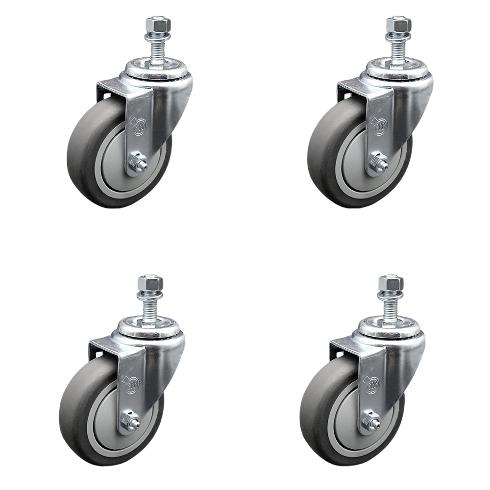 Thermoplastic Rubber Swivel Threaded Stem Caster Set of 4 w/4" x 1.25" Gray Wheels and 12mm Stems - Includes 4 Swivel - 1000 lbs Total Capacity - Service Caster Brand — photo 1