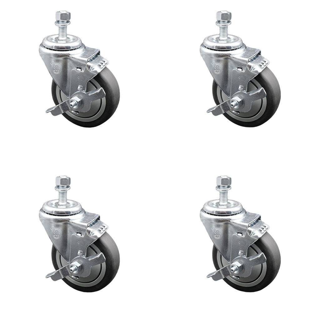 Thermoplastic Rubber Swivel Threaded Stem Caster Set of 4 w/4" x 1.25" Gray Wheels and 3/8" Stems - Includes 4 with Top Lock Brakes - 1000 lbs Total Capacity - Service Caster Brand — photo 1