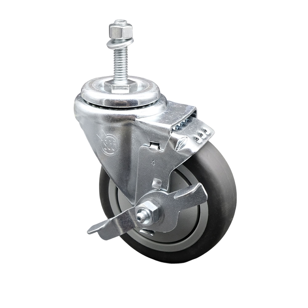 Thermoplastic Rubber Swivel Threaded Stem Caster - 4" x 1.25" Gray Wheel and 10MM Metric Stem & Top Locking Brake - 250 lbs Capacity/Caster - Service Caster Brand — photo 1
