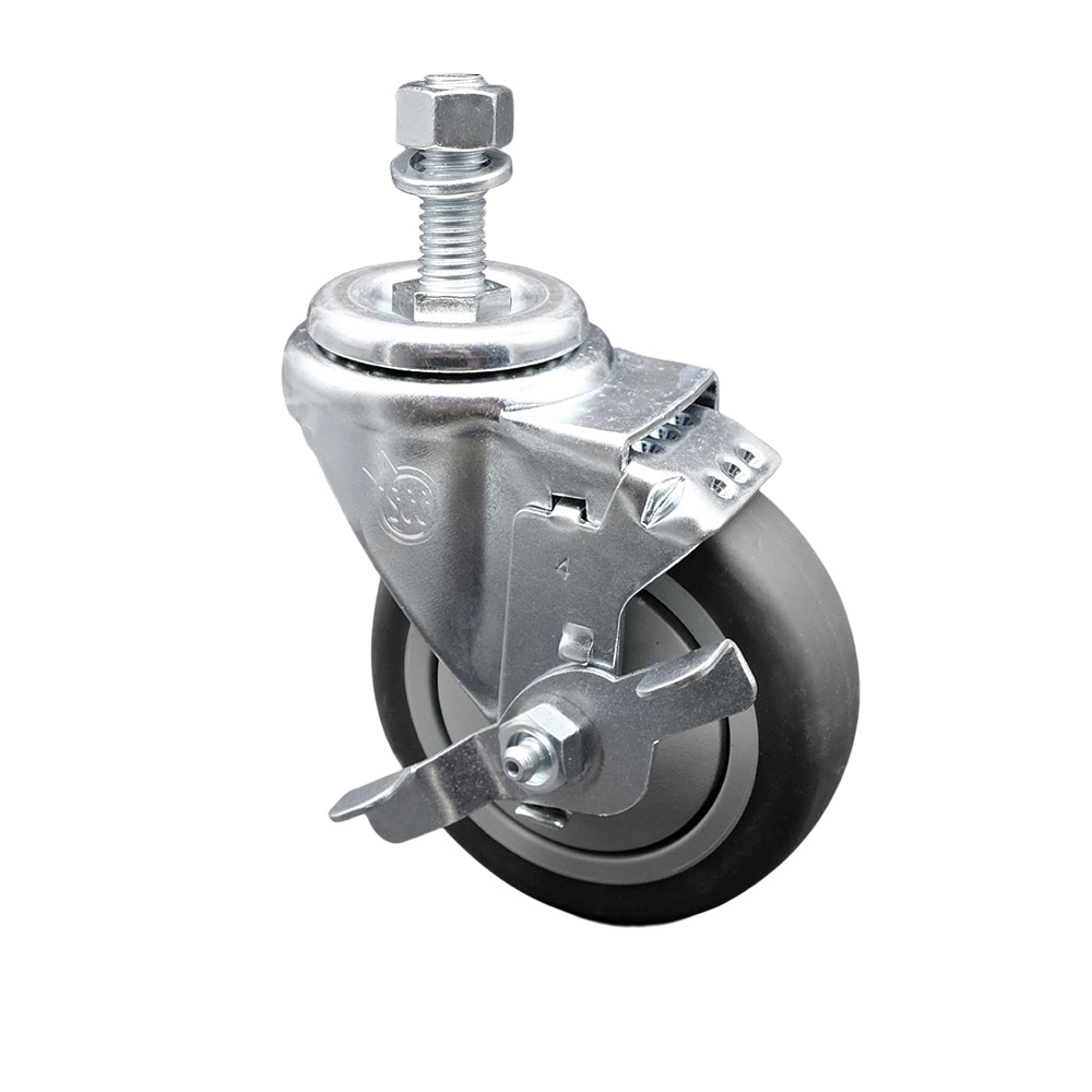 Thermoplastic Rubber Swivel Threaded Stem Caster - 4" x 1.25" Gray Wheel and 12MM Metric Stem & Top Locking Brake - 250 lbs Capacity/Caster - Service Caster Brand — photo 1