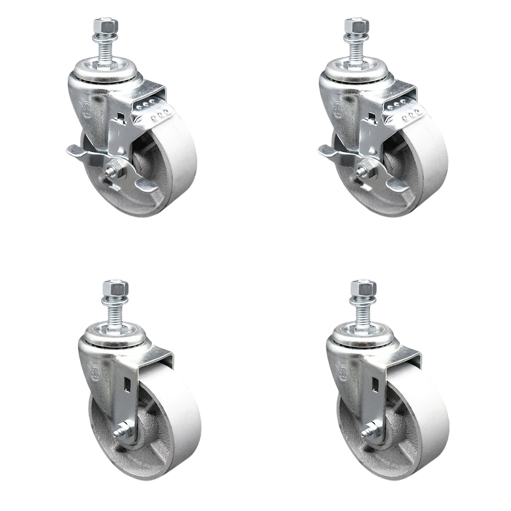 Semi Steel Cast Iron Swivel Threaded Stem Caster Set of 4 w/Roller Bearing - 4" x 1.5" Silver Wheels and 1/2" Stems - Includes 2 with Top Locking Brake - 1200 lbs Total Capacity - Service Caster Brand — photo 1