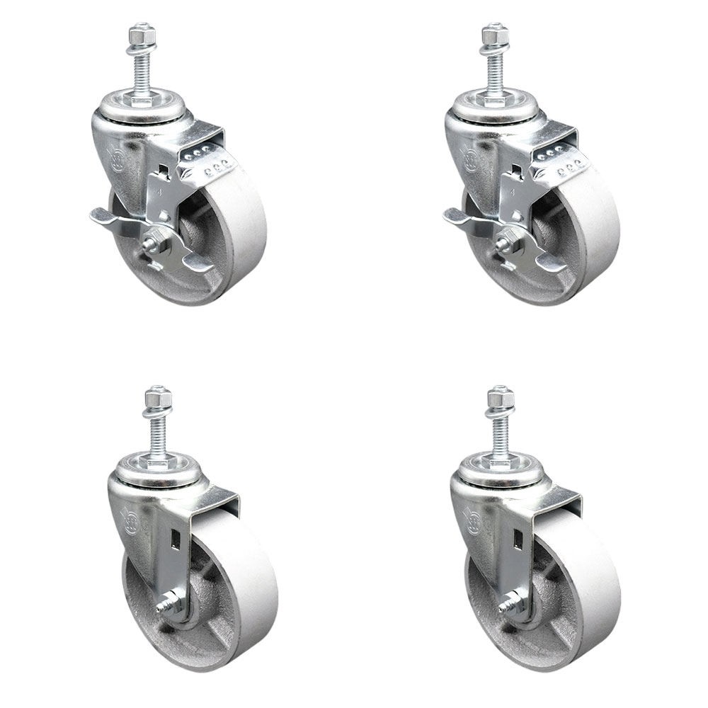 Semi Steel Cast Iron Swivel Threaded Stem Caster Set of 4 w/Roller Bearing - 4" x 1.5" Silver Wheels and 3/8" Stems - Includes 2 with Top Locking Brake - 1200 lbs Total Capacity - Service Caster Brand — photo 1