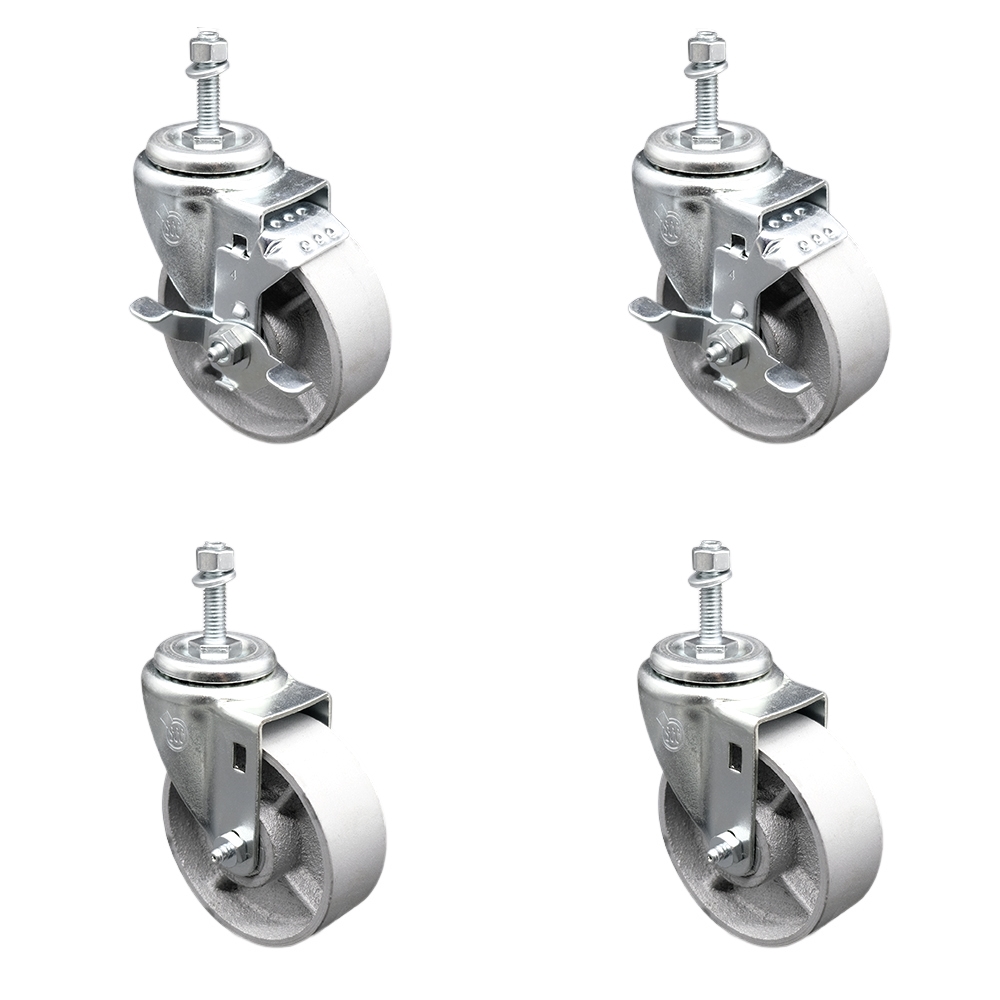 Semi Steel Cast Iron Swivel Threaded Stem Caster Set 4 w/Roller Bearing - 4" x 1.5" Silver Wheels & 10MM Metric Stems - Includes 2 with Top Locking Brake - 1200 lbs Total Capacity-Service Caster Brand — photo 1