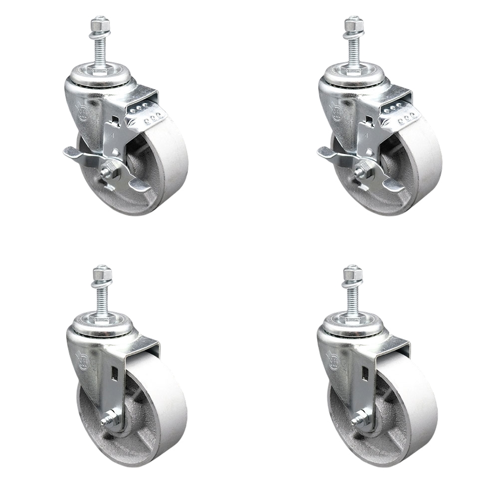Semi Steel Cast Iron Swivel Threaded Stem Caster Set 4 w/Roller Bearing - 4" x 1.5" Silver Wheels & 12MM Metric Stems - Includes 2 with Top Locking Brake - 1200 lbs Total Capacity-Service Caster Brand — photo 1
