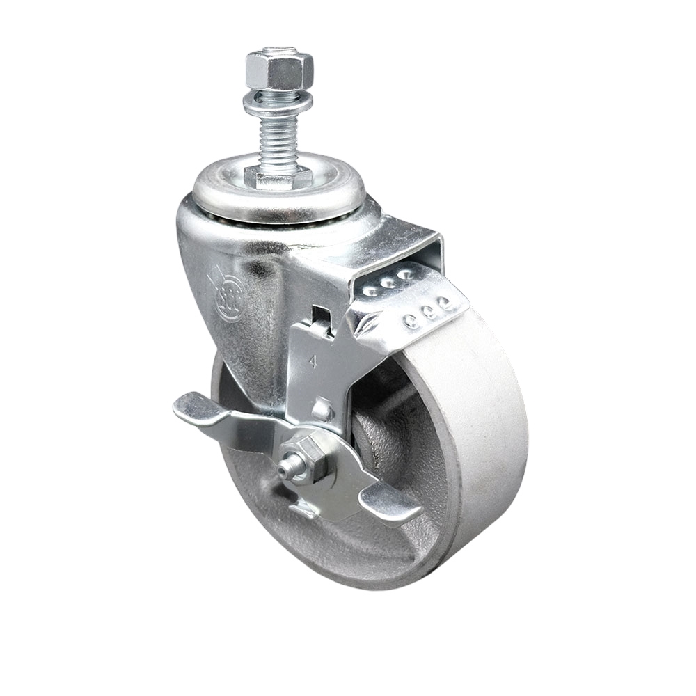 Semi Steel Cast Iron Swivel Threaded Stem Caster w/Roller Bearing - 4" x 1.5" Silver Wheel and 1/2" Stem & Top Locking Brake - 300 lbs Capacity/Caster - Service Caster Brand — photo 1