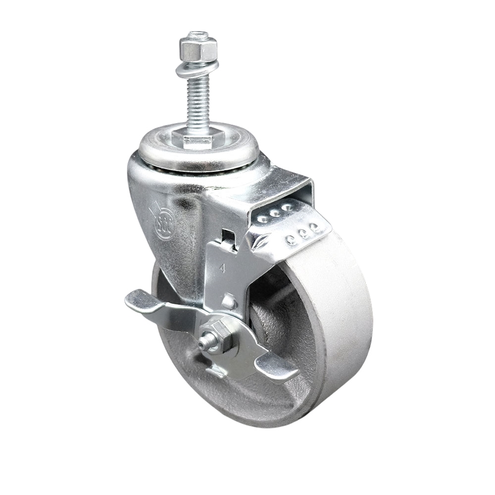 Semi Steel Cast Iron Swivel Threaded Stem Caster w/Roller Bearing - 4" x 1.5" Silver Wheel and 3/8" Stem & Top Locking Brake - 300 lbs Capacity/Caster - Service Caster Brand — photo 1