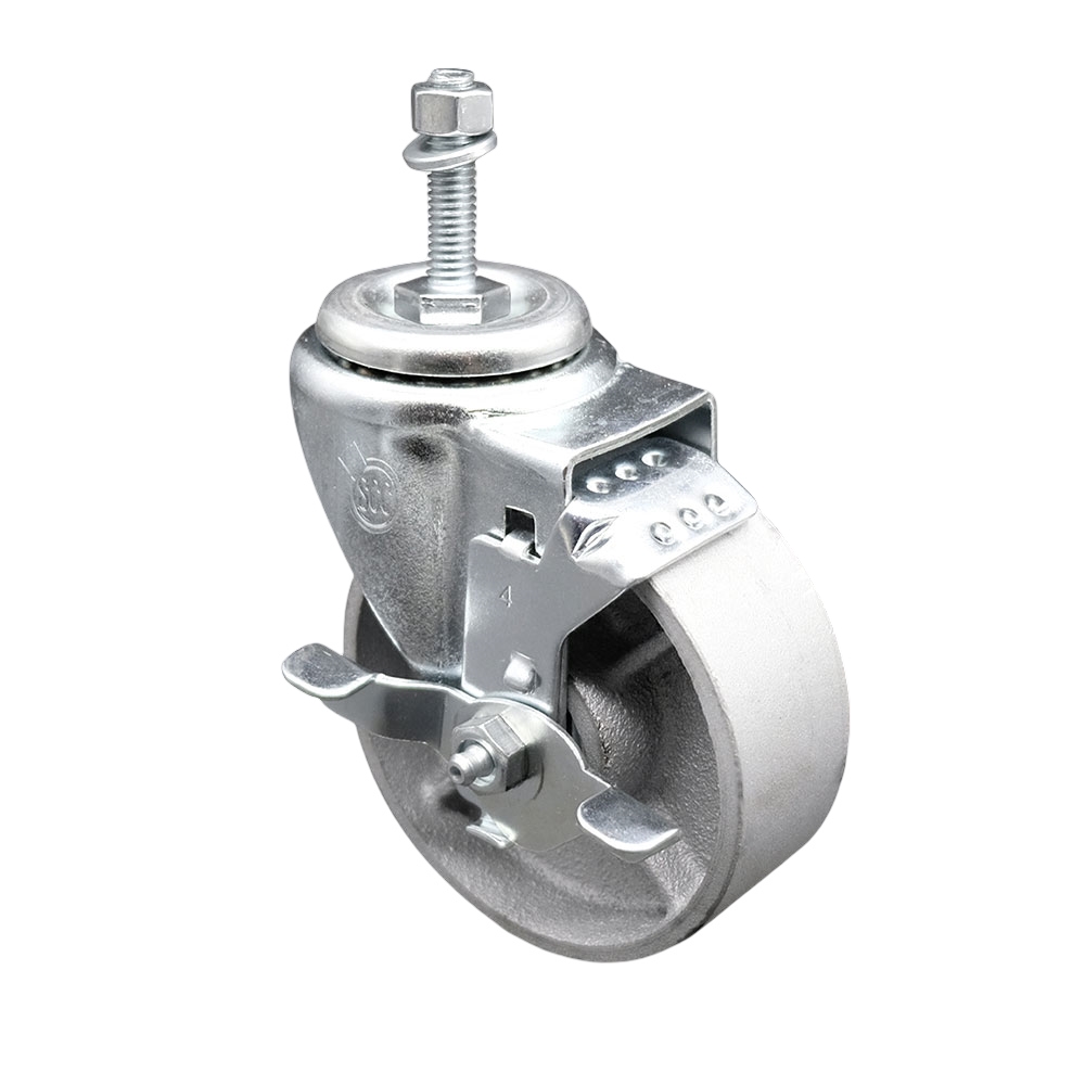 Semi Steel Cast Iron Swivel Threaded Stem Caster w/Roller Bearing - 4" x 1.5" Silver Wheel and 10MM Metric Stem & Top Locking Brake - 300 lbs Capacity/Caster - Service Caster Brand — photo 1