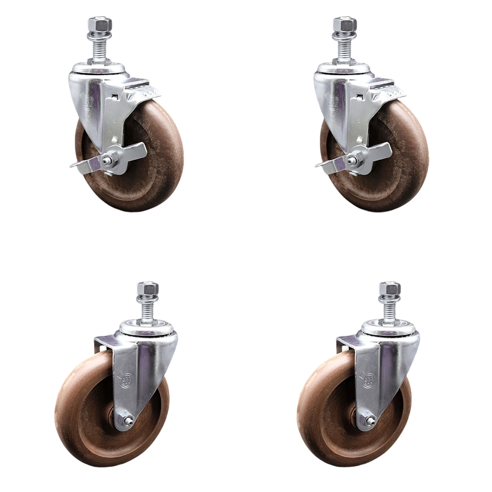High Temp Glass Filled Nylon Swivel Threaded Stem Caster Set of 4 w/5" x 1.25" Brown Wheels and 1/2" Stems - Includes 2 with Top Locking Brake - 1400 lbs Total Capacity - Service Caster Brand — photo 1