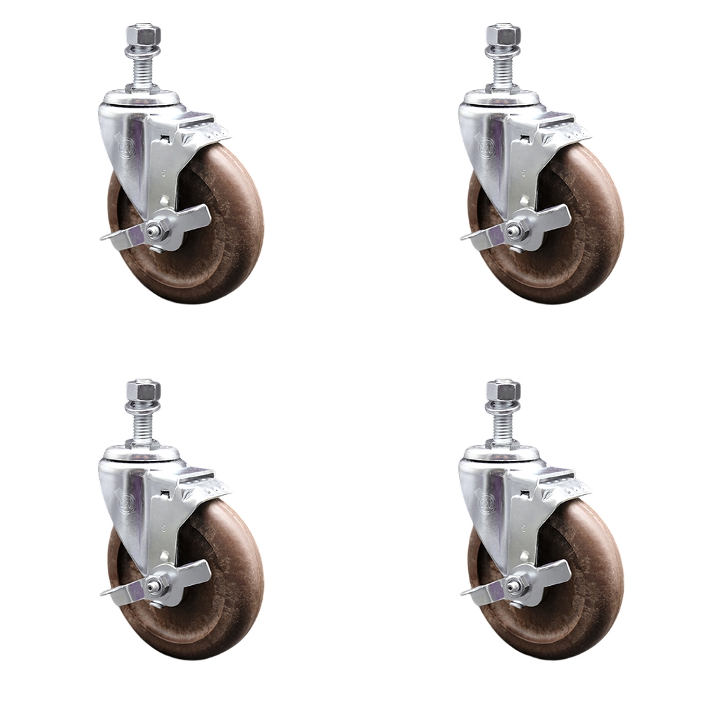 High Temp Glass Filled Nylon Swivel Threaded Stem Caster Set of 4 w/5" x 1.25" Brown Wheels and 3/8" Stems - Includes 4 with Top Lock Brakes - 1400 lbs Total Capacity - Service Caster Brand — photo 1